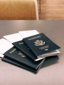 Four passports with tickets inside them